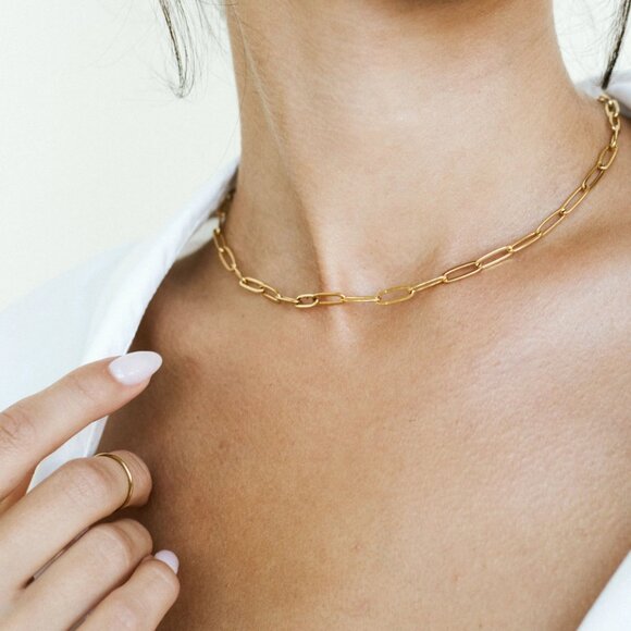 Layering Gold Paperclip Chain Necklace Everyday Necklace Waterproof Jewelry Gift - Picture 1 of 8